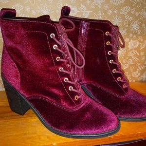 Burgundy lace up high heel boots